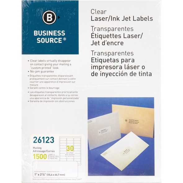 Business Source Mailing Address Labels - 1" Width x 2 3/4" Length - Permanent Adhesive - Rectangle - Laser - Clear - 30 / Sheet - 1500 / Pack - Self-adhesive