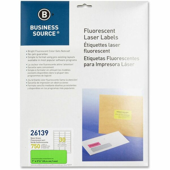 Business Source Neon Labels - 1" Width x 2 5/8" Length - Permanent Adhesive - Rectangle - Laser - Neon Green - 30 / Sheet - 750 / Pack - Jam-free, Pressure Sensitive