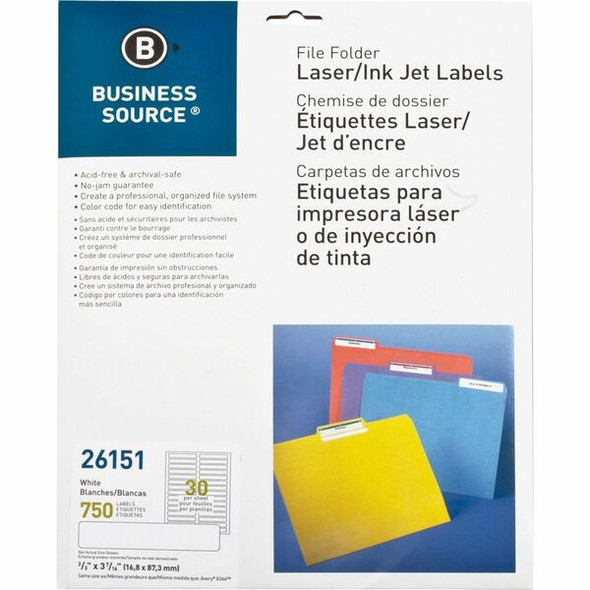 Business Source Laser/Inkjet Permanent File Folder Labels - 43/64" Width x 3 7/16" Length - Permanent Adhesive - Rectangle - Laser, Inkjet - White - 30 / Sheet - 750 / Pack - Jam-free, Lignin-free