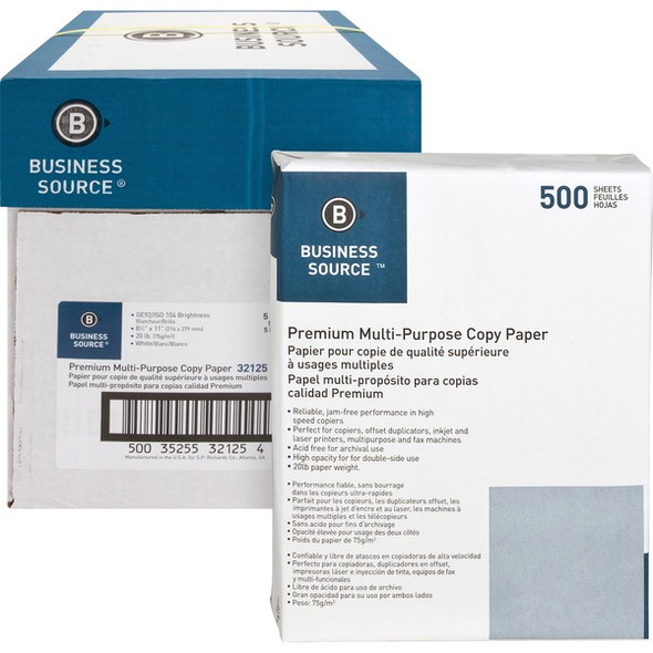 Business Source Premium Multipurpose Copy Paper - 92 Brightness - Letter - 8 1/2" x 11" - 20 lb Basis Weight - 5 / Carton - 2500 Sheets - 500 Sheets per Ream - 5 Ream per Case - Acid-free - White