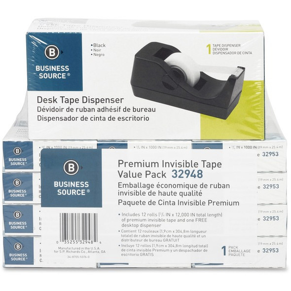 Business Source Invisible Tape Dispenser Value Pack - 27.78 yd Length x 0.75" Width - 1" Core - Acetate - Dispenser Included - Desktop Dispenser - For Multi Surface, Mending, Splicing, Holding - 12 / Pack - Clear