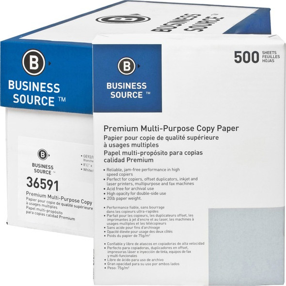 Business Source Premium Multipurpose Copy Paper - 92 Brightness - Letter - 8 1/2" x 11" - 20 lb Basis Weight - 200000 / Pallet - Acid-free - White