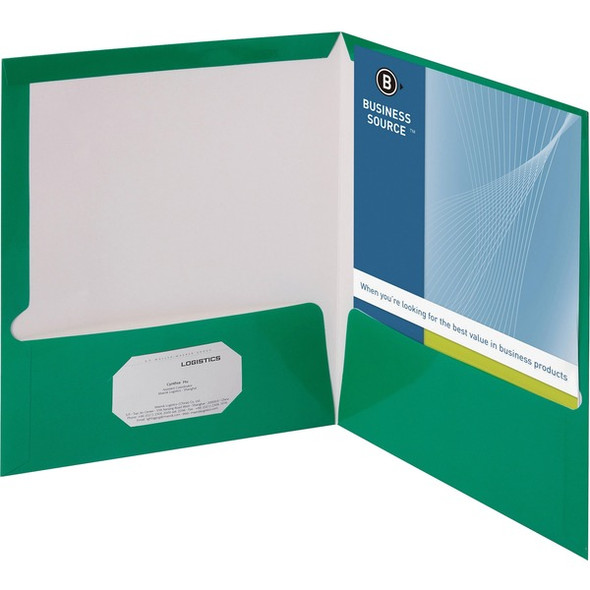 Business Source Letter Pocket Folder - 8 1/2" x 11" - 100 Sheet Capacity - 2 Internal Pocket(s) - Card Paper - Green - 25 / Box