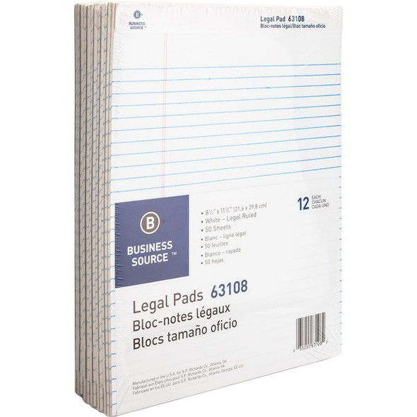 Business Source Micro-Perforated Legal Ruled Pads - 50 Sheets - 0.34" Ruled - 16 lb Basis Weight - 8 1/2" x 11 3/4" - White Paper - Micro Perforated, Easy Tear, Sturdy Back - 1 Dozen