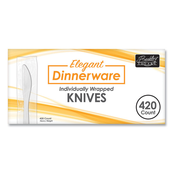 Elegant Dinnerware Heavyweight Cutlery, Individually Wrapped, Knife, White, 420/Box