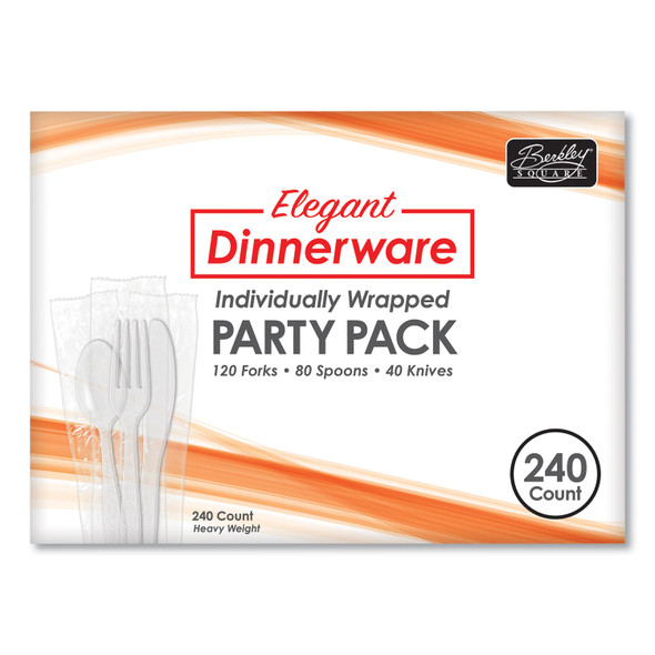 Elegant Dinnerware Heavyweight Cutlery Assortment, Individually Wrapped, 120 Forks/80 Spoons/40 Knives, White, 240/Box