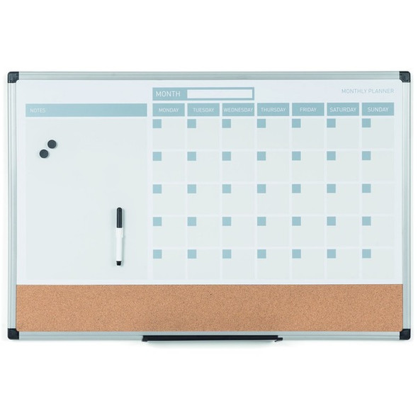 MasterVision 3-in-1 Monthly Dry-erase Calendar Board - Monthly - White - Plastic - 24" Height x 36" Width - Dry Erase Surface, Compact, Magnetic, Stain Resistant - 1 Each