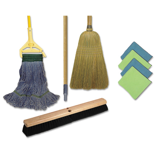 Cleaning Kit, Medium Blue Cotton/Rayon/Synthetic Head, 60" Natural/Yellow Wood/Metal Handle