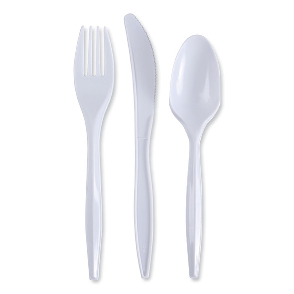 Three-Piece Cutlery Kit, Fork/Knife/Teaspoon, Polypropylene, White, 250/Carton