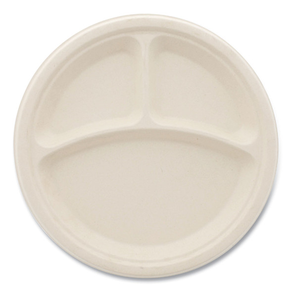 Bagasse PFAS-Free Dinnerware, Plate, 10" dia, 3-Compartment, Tan, 500/Carton