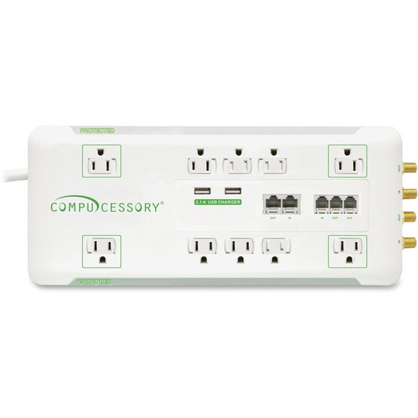 Compucessory Slim 10-Outlet Surge Protector - 10 x AC Power - 3420 J - Coaxial Cable Line - 6 ft