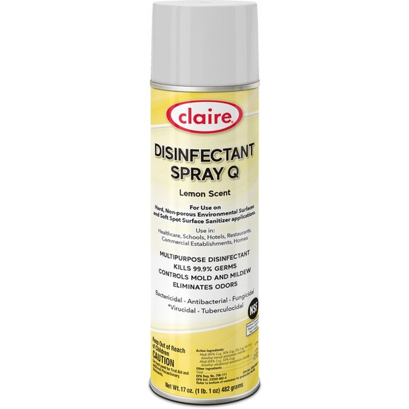 Claire Multipurpose Disinfectant Spray - Ready-To-Use - 17 fl oz (0.5 quart) - Lemon Scent - 12 / Carton - Yellow