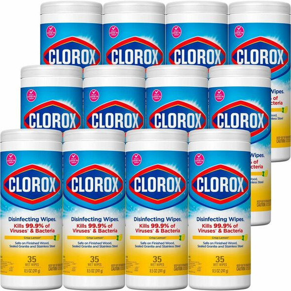 Clorox Disinfecting Cleaning Wipes - Ready-To-Use - Crisp Lemon Scent - 7" Length x 8" Width - 35 / Canister - 12 / Carton - Pleasant Scent, Disinfectant, Pre-moistened, Bleach-free - Yellow