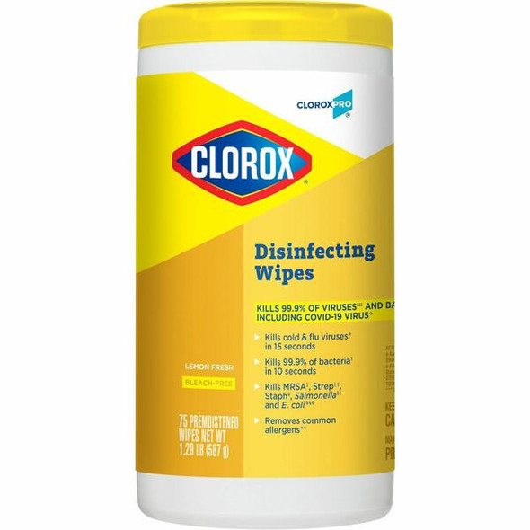 CloroxPro&trade; Disinfecting Wipes - Lemon Fresh - Yellow - Soft Cloth - Bleach-free, Moist, Pre-moistened, Easy Tear, Phosphorous-free, Easy to Use, Anti-bacterial - For Multipurpose - 75 - 1 Each