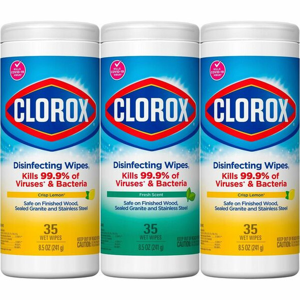 Clorox Disinfecting Cleaning Wipes Value Pack - For Multi Surface - Ready-To-Use - Fresh, Citrus Blend Scent - 35 / Canister - 3 / Pack - Pre-moistened, Disposable - White