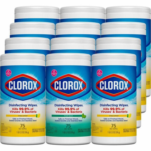Clorox Disinfecting Bleach Free Cleaning Wipes Value Pack - Ready-To-Use - Fresh, Crisp Lemon Scent - 75 / Canister - 12 / Carton - White