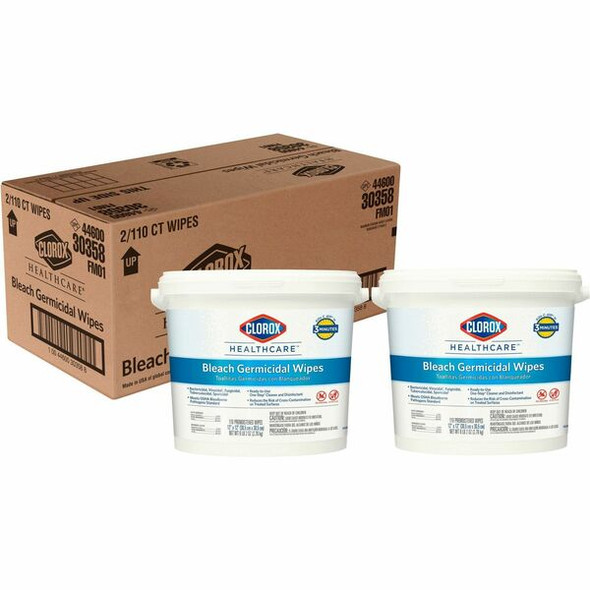 Clorox Healthcare Bleach Germicidal Wipes - Ready-To-Use - 12" Length x 12" Width - 110 / Canister - 2 / Carton - White