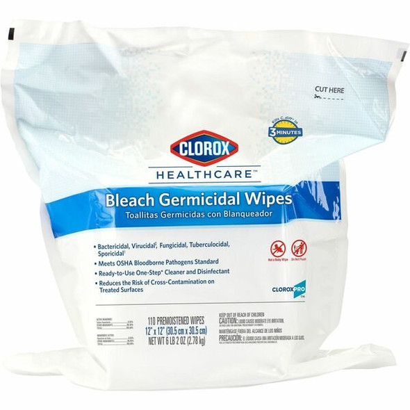 Clorox Healthcare Bleach Germicidal Wipes Refill - Ready-To-Use - 12" Length x 12" Width - 110 / Pack - 100 / Bundle - White