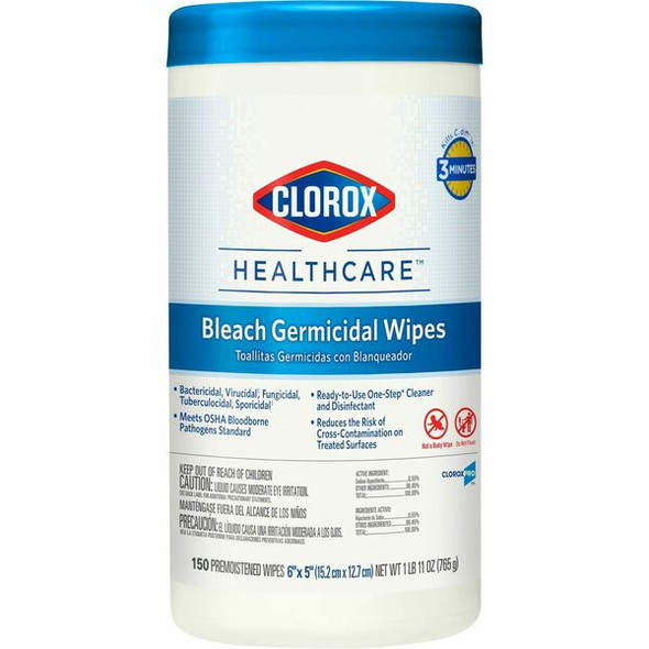 Clorox Healthcare Bleach Germicidal Wipes - For Multipurpose - Ready-To-Use - 5" Length x 6" Width - 150 / Canister - 1 Each - Disinfectant, Non-irritating, Anti-bacterial, Odorless - White