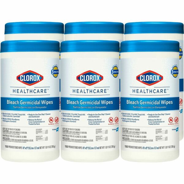 Clorox Healthcare Bleach Germicidal Wipes - For Multipurpose - Ready-To-Use - 5" Length x 6" Width - 150 / Canister - 6 / Carton - Disinfectant, Non-irritating, Anti-bacterial, Odorless - White