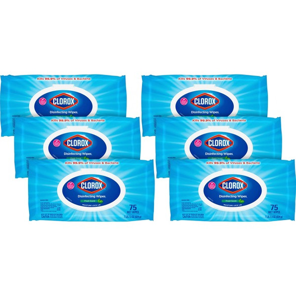 Clorox Disinfecting Cleaning Wipes Value Pack - Bleach-free - Fresh Scent - 75 / Packet - 6 / Carton - White