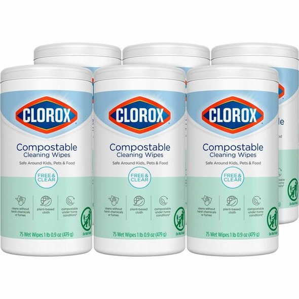 Clorox Free & Clear Compostable All Purpose Cleaning Wipes - 4.25" Length x 4.25" Width - 75 / Tub - 6 / Carton - White