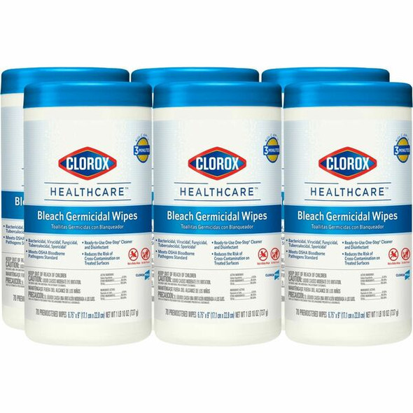 Clorox Healthcare Bleach Germicidal Wipes - Ready-To-Use - 9" Length x 6.75" Width - 70 / Canister - 6 / Carton - White
