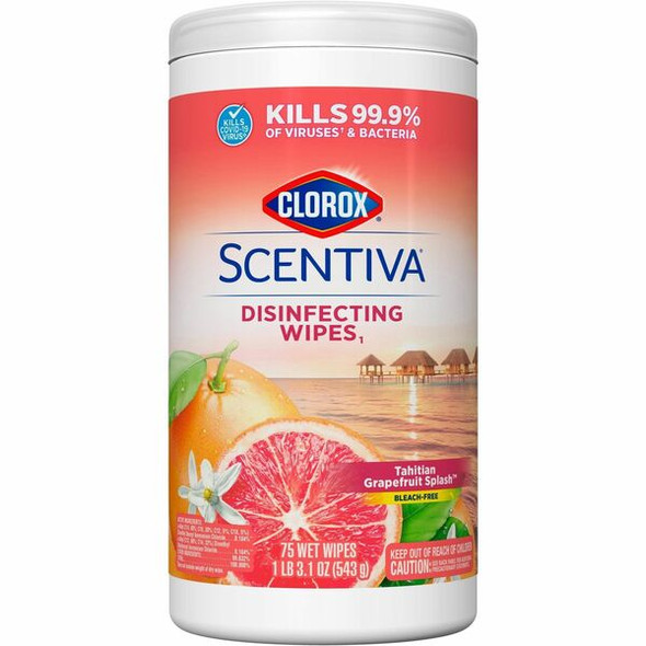 Clorox Scentiva Wipes, Bleach Free Cleaning Wipes - Ready-To-Use - Tahitian Grapefruit Splash Scent - 75 / Tub - 1 Each - White