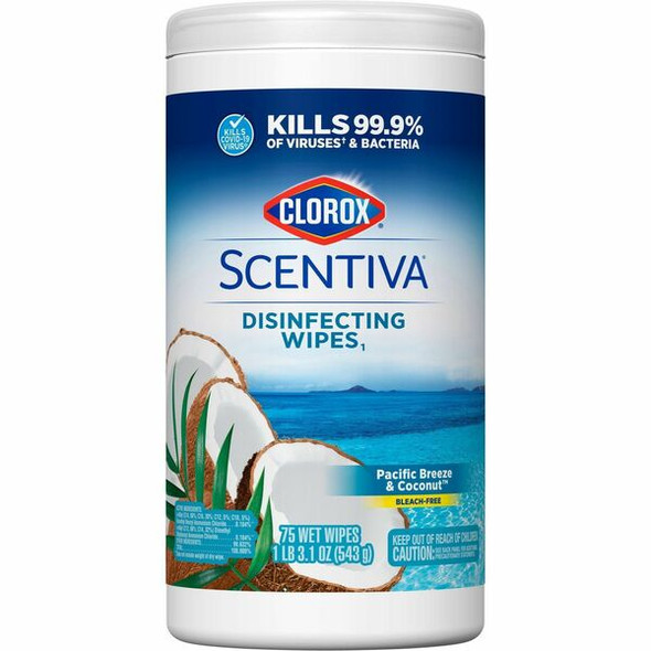 Clorox Scentiva Wipes, Bleach Free Cleaning Wipes - Ready-To-Use - Pacific Breeze & Coconut Scent - 75 / Canister - 1 Each - White
