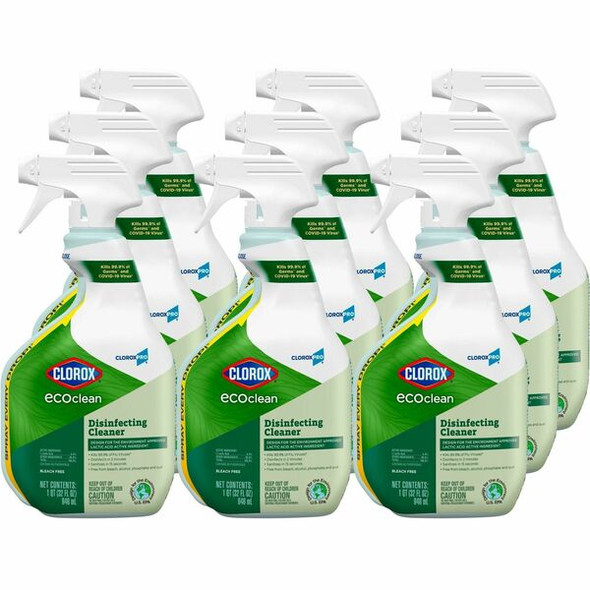 Clorox EcoClean Disinfecting Cleaner Spray - Ready-To-Use - 32 fl oz (1 quart) - Fresh Scent - 9 / Carton - Green, White