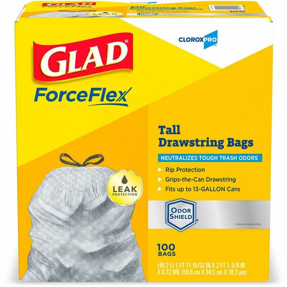 CloroxPro&trade; ForceFlex Tall Kitchen Drawstring Trash Bags - 13 gal Capacity - 0.90 mil (23 Micron) Thickness - Drawstring Closure - Gray - 156/Carton - 100 Per Box - Kitchen, Can, Office, Breakroom, School, Restaurant, Commercial, Cafeteria