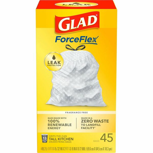 Glad ForceFlex Tall Kitchen Drawstring Trash Bags - 13 gal Capacity - 24" Width x 27" Length - 1 mil (25 Micron) Thickness - Drawstring Closure - White - Plastic - 45/Box - Kitchen, School, Office, Restaurant, Breakroom, Waste Disposal