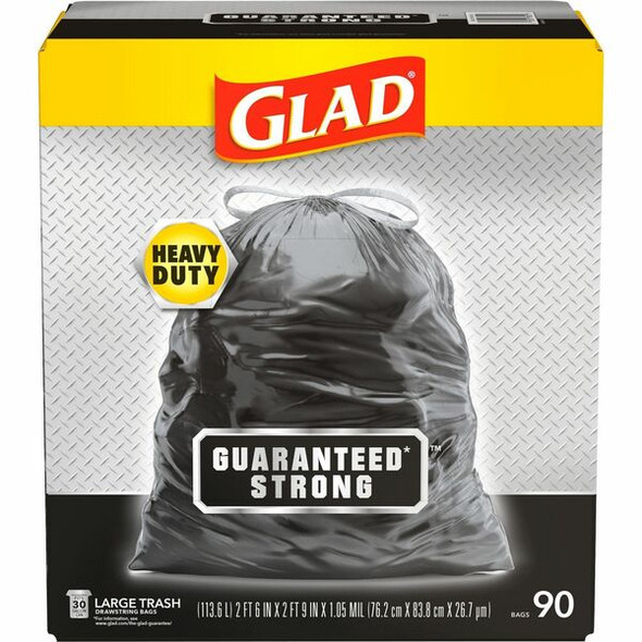 Glad Large Drawstring Trash Bags - Large Size - 30 gal Capacity - 30" Width x 32.99" Length - 1.05 mil (27 Micron) Thickness - Drawstring Closure - Black - Plastic - 90/Carton - Garbage, Indoor, Outdoor