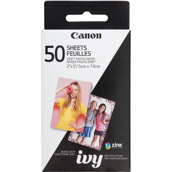 Canon ZINK Photo Paper - 2" x 3" - Glossy - 1 Each - 50 Sheets - Smudge-free, Water Resistant, Tear Resistant - White