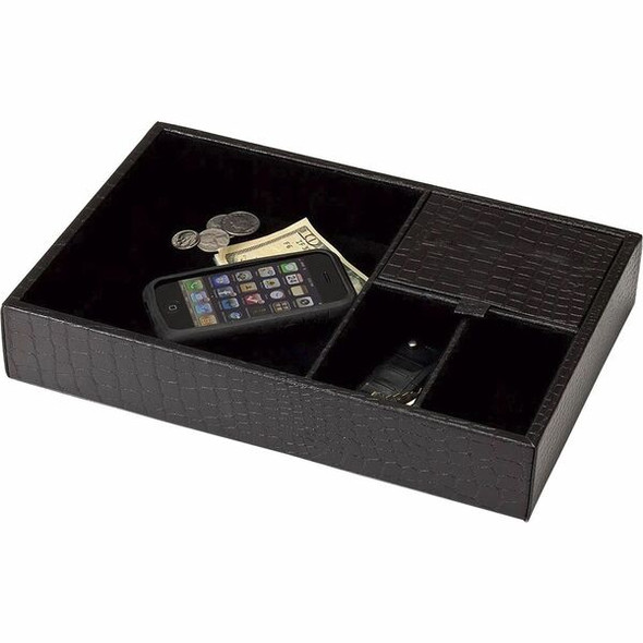 Dacasso Crocodile Embossed Black Leather Standard Valet Tray - 4 Compartment(s) - 2"Desktop - Black - Velveteen, Leather - 1 Each