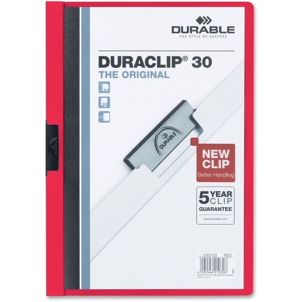 DURABLE&reg; DURACLIP&reg; Report Cover - Letter Size 8 1/2" x 11" - 30 Sheet Capacity - Punchless - Vinyl - Red