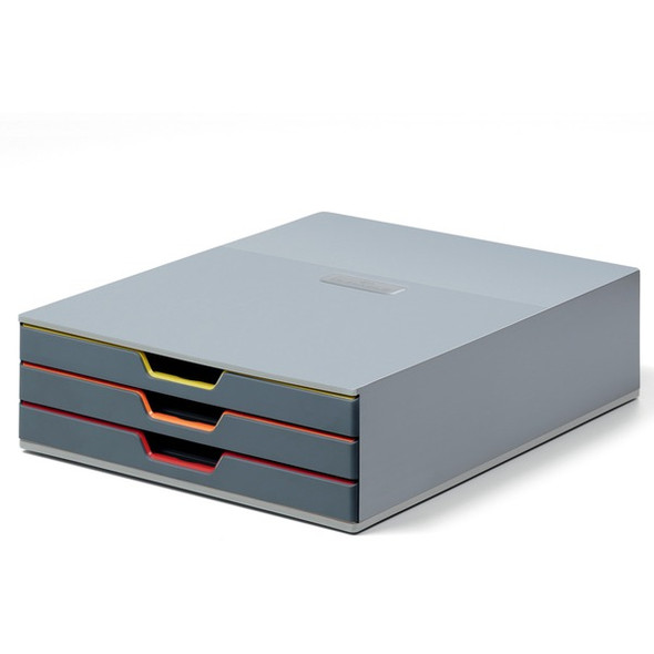 DURABLE VARICOLOR 3 Drawer Desktop Storage Box, Gray/Multicolor - 3 Drawer(s) - 3.8" Height x 11" Width x 14" DepthDesktop - Gray - Plastic - 1 Each
