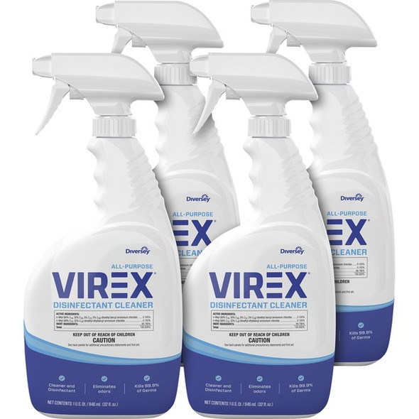 Diversey All-Purpose Virex Disinfectant Cleaner - Ready-To-Use - 32 fl oz (1 quart) - Citrus ScentSpray Bottle - 4 / Carton - Clear