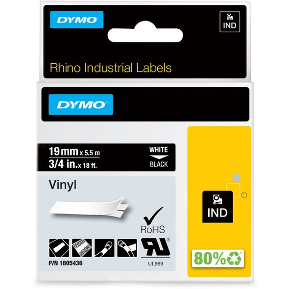 Dymo Colored 3/4" Vinyl Label Tape - 15/32" Width - Permanent Adhesive - Thermal Transfer - White - Vinyl - 1 Each - Water Resistant - Self-adhesive, Oil Resistant, Chemical Resistant, Corrosion Resistant, Temperature Resistant