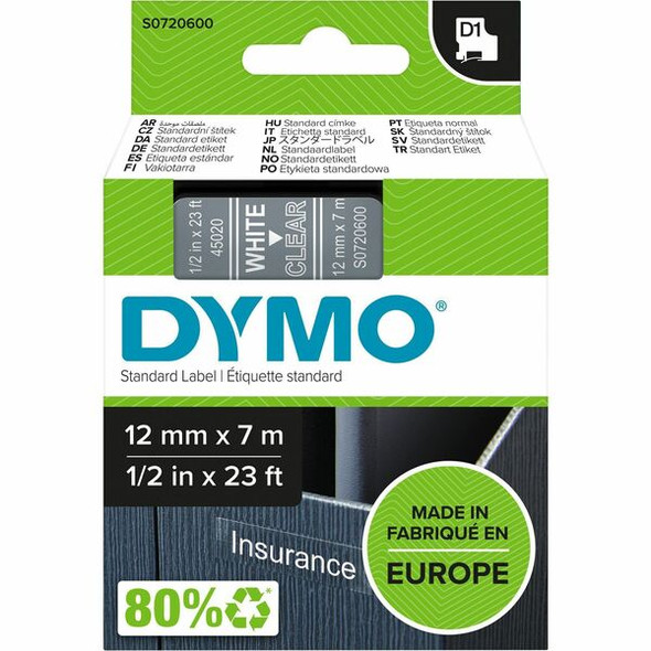 Dymo D1 Self Adhesive Tape Cassette - 15/32" Width - Rectangle - Thermal Transfer - Glossy - Transparent, White