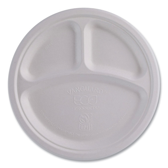 Vanguard Renewable and Compostable Sugarcane Plates, 3-Compartment, 10" dia, White, 500/Carton