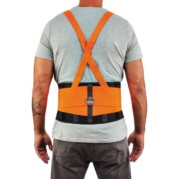 Ergodyne ProFlex 100HV Economy Hi-Vis Back Brace - 25" - 30" Adjustable Height - 25" - 30" Waist Size - Orange - Rubber, Polypropylene, Spandex