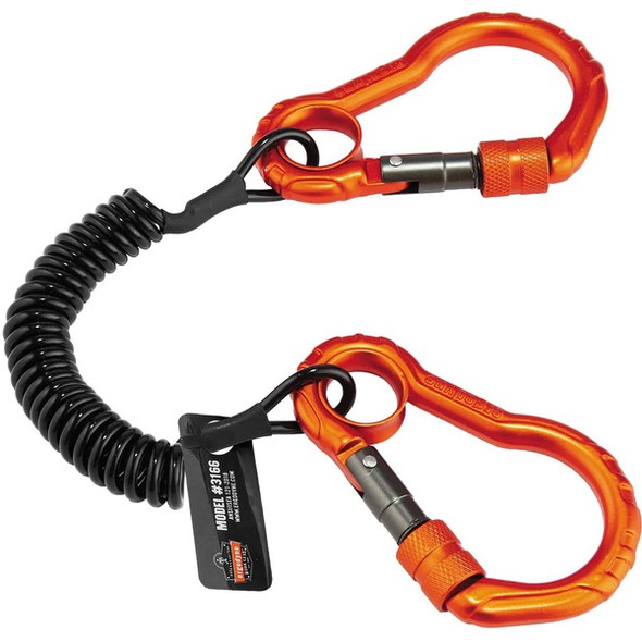 Squids 3166 Coil Tool Lanyard with Dual Carabiners - 2lbs / 0.9kg - 6 / Carton - 2 lb Load Capacity - Carabiner Attachment - 1.5" Height x 4" Width x 48" Length - Black - Aluminum, Plastic