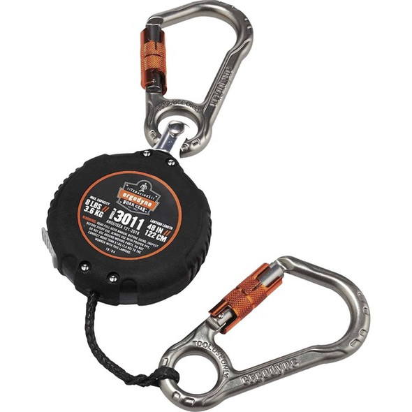 Squids 3011 Retractable Tool Lanyard with Carabiner Mount - 1 Each - 8 lb Load Capacity - Standard - Carabiner Attachment - 1" Height x 9.3" Width x 48" Length - Black - Aluminum, ABS Plastic