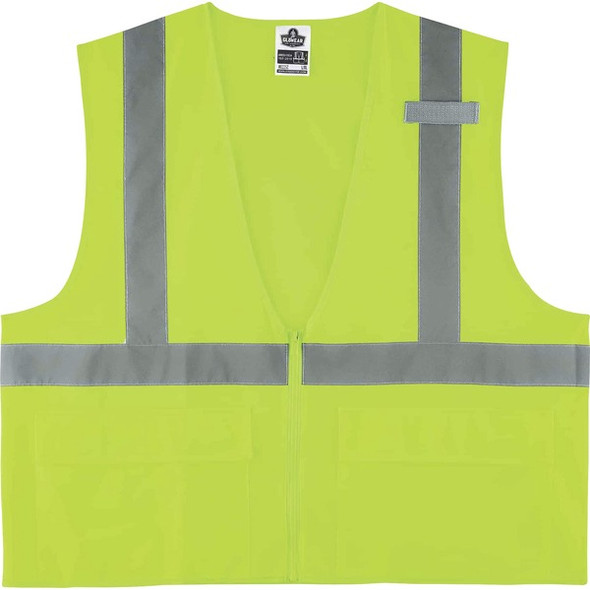 GloWear 8225Z Type R Class 2 Standard Solid Vest - Small/Medium Size - Zipper Closure - Fabric, Polyester - Lime - Pocket, Mic Tab, Reflective - 1 Each