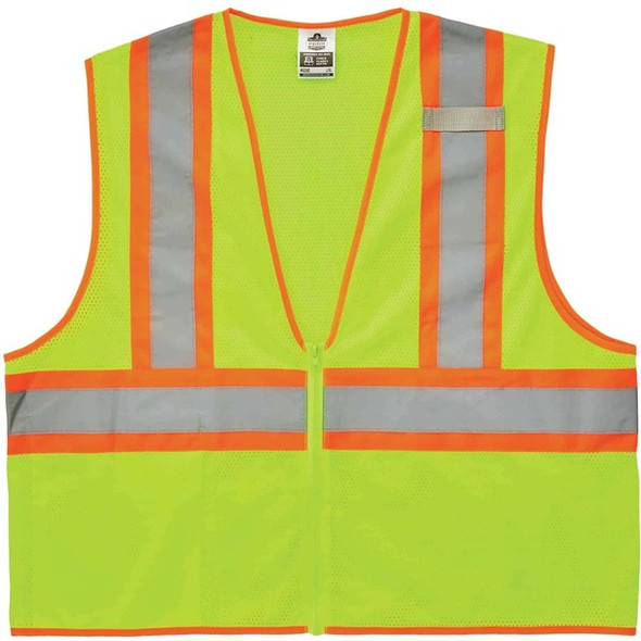 GloWear 8229Z Economy Two-Tone Vest - Recommended for: Construction, Emergency, Warehouse, Baggage Handling - 4-Xtra Large/5-Xtra Large Size - Zipper Closure - Polyester Mesh, Mesh Fabric - Lime - Reflective, Pocket - 1 Each