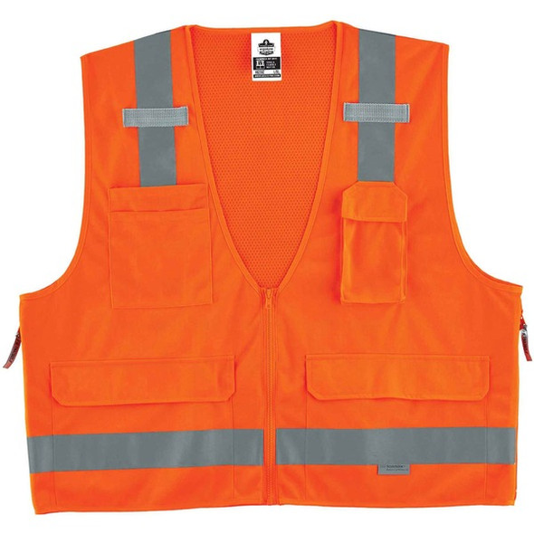 GloWear 8250Z Type R Class 2 Surveyors Vest - Large/Extra Large Size - Zipper Closure - Poly, Mesh - Orange - Pocket, Mic Tab, Reflective - 1 Each