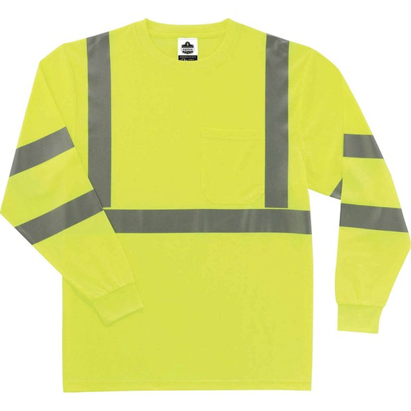 GloWear 8391 Type R Class 3 Long Sleeve T-Shirt - Small Size - Polyester - Lime - Breathable, Moisture Resistant, UV Resistant, Reflective, Heat Resistant, Chest Pocket - 1 Each