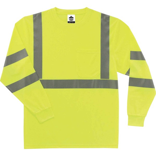 GloWear 8391 Type R Class 3 Long Sleeve T-Shirt - 3-Xtra Large Size - Polyester - Lime - Breathable, Moisture Resistant, UV Resistant, Reflective, Heat Resistant, Chest Pocket - 1 Each