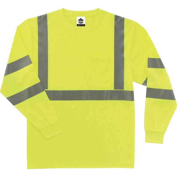 GloWear 8391 Type R Class 3 Long Sleeve T-Shirt - 4-Xtra Large Size - Polyester - Lime - Breathable, Moisture Resistant, UV Resistant, Reflective, Heat Resistant, Chest Pocket - 1 Each